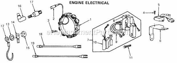 Engine Electrical Diagram and Parts List for 1610 135-393-100, 135-393-399, 0350042U, 136-393-1 Cub Cadet Lawn Mower